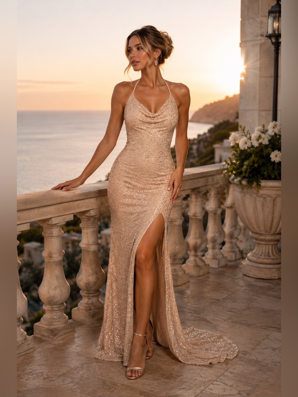 Lucci Lu Nude Sequin Halter Gown Formal Wedding Guest Gala Dress Sz 2